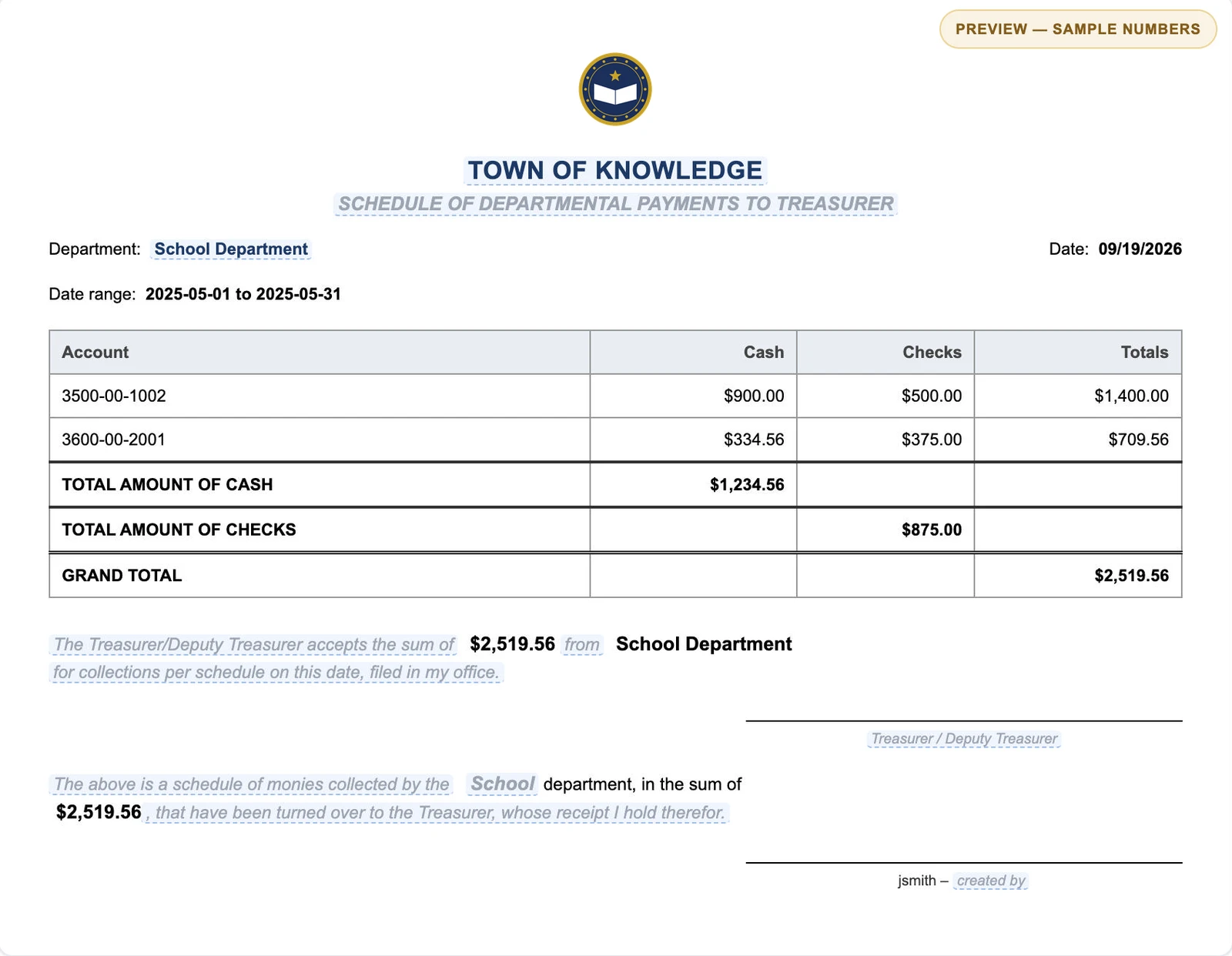 The Schedule of Departmental Payments to Treasurer, exported by the plugin: cash and checks for each account, total cash, total checks, a grand total of $2,519.56, and signature lines for the treasurer. Sample numbers.